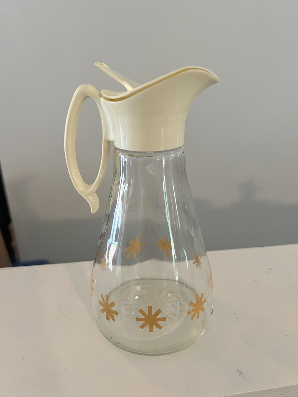 Vintage Log Cabin syrup dispenser gold atomic starburst